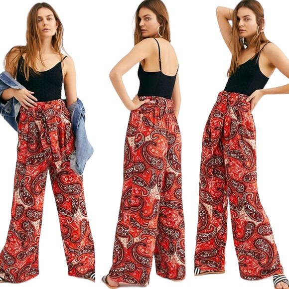 Free People Printed Double Trouble Pants XS Red Wide Leg Paisley Boho Retro - Picture 9 of 9